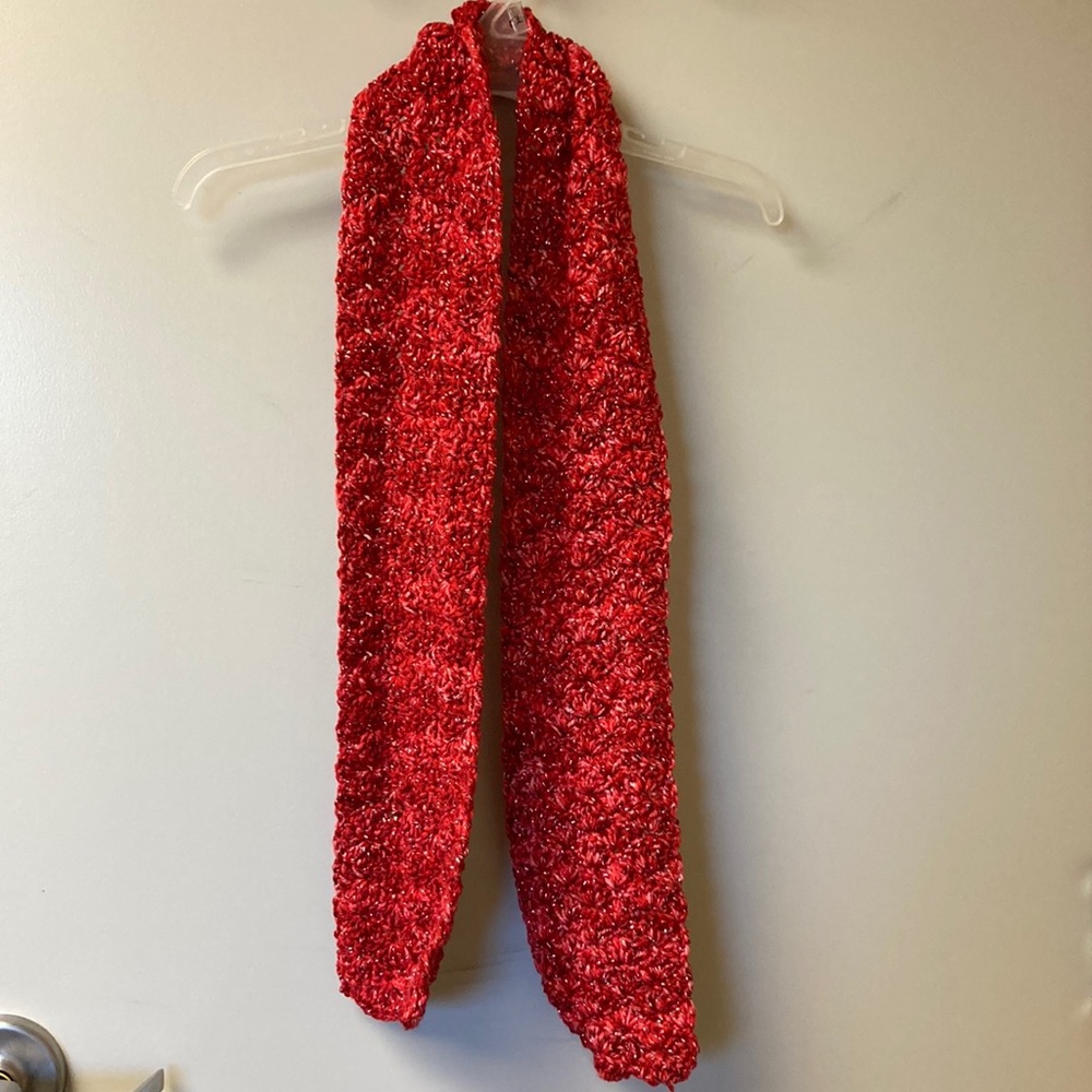Red/white/silver varigated handmade scarf. Handmade by Grandma